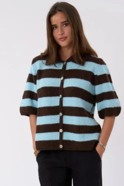 Alba Polo Knit - Chocolate/Light Blue