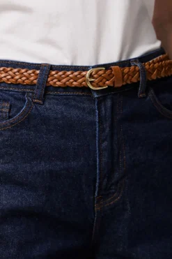 Avery Leather Braided Slim Belt - Cognac