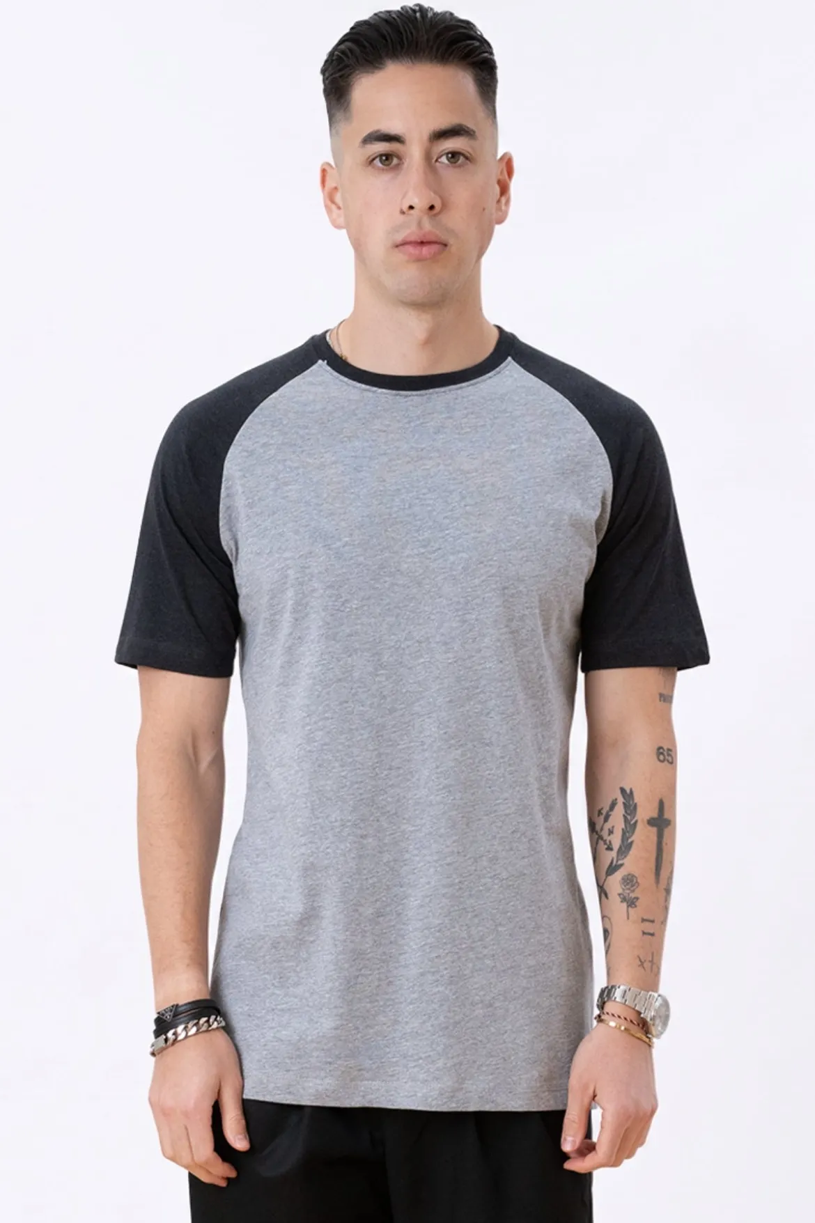 Basic raglan T-shirt - Sort-Lyse Grå