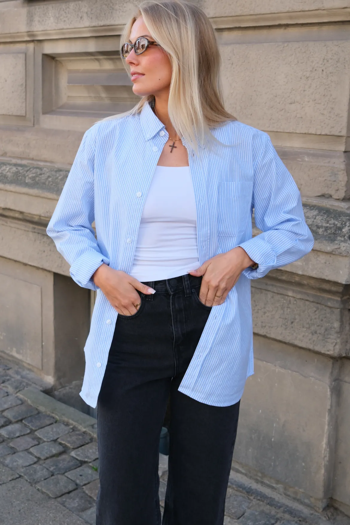 Boyfriend Oxford Skjorte - Lyseblå/Hvid