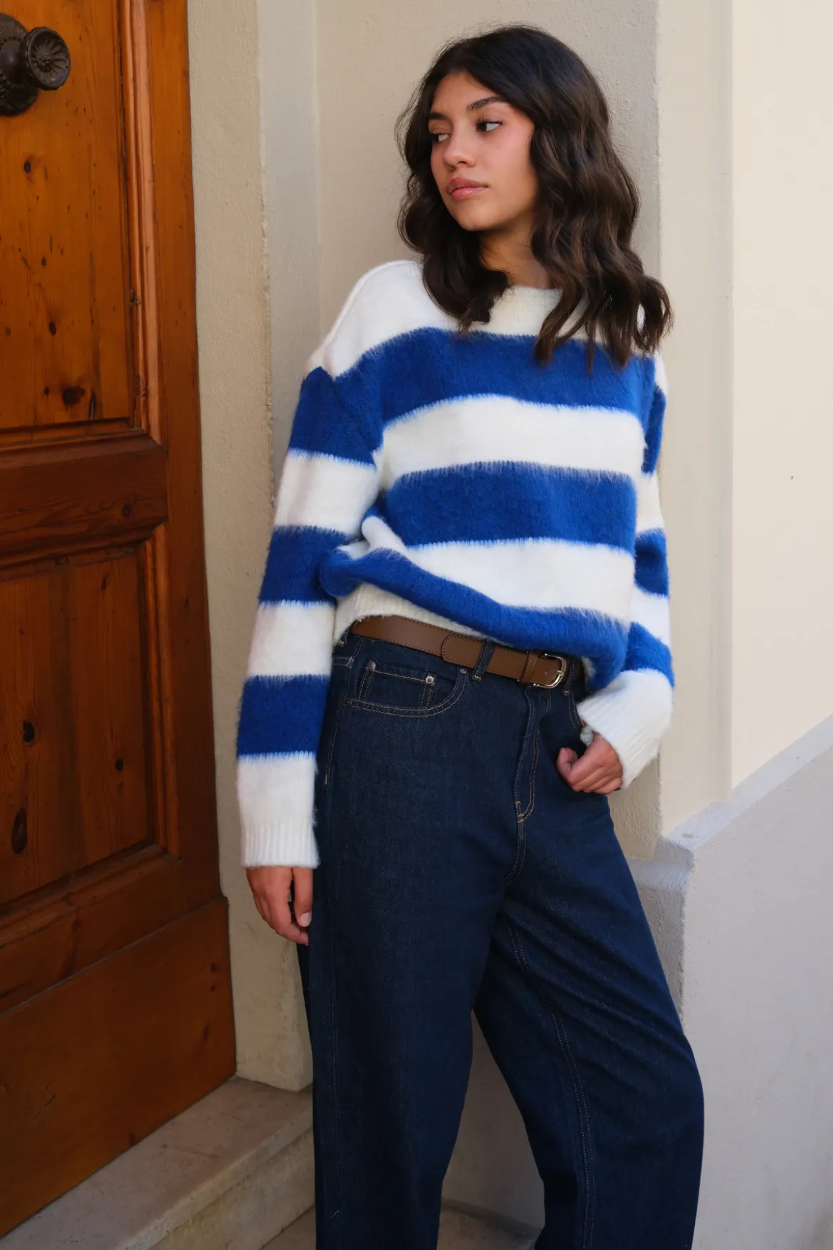 Celina Stribet Striktrøje - Hvid-Navy