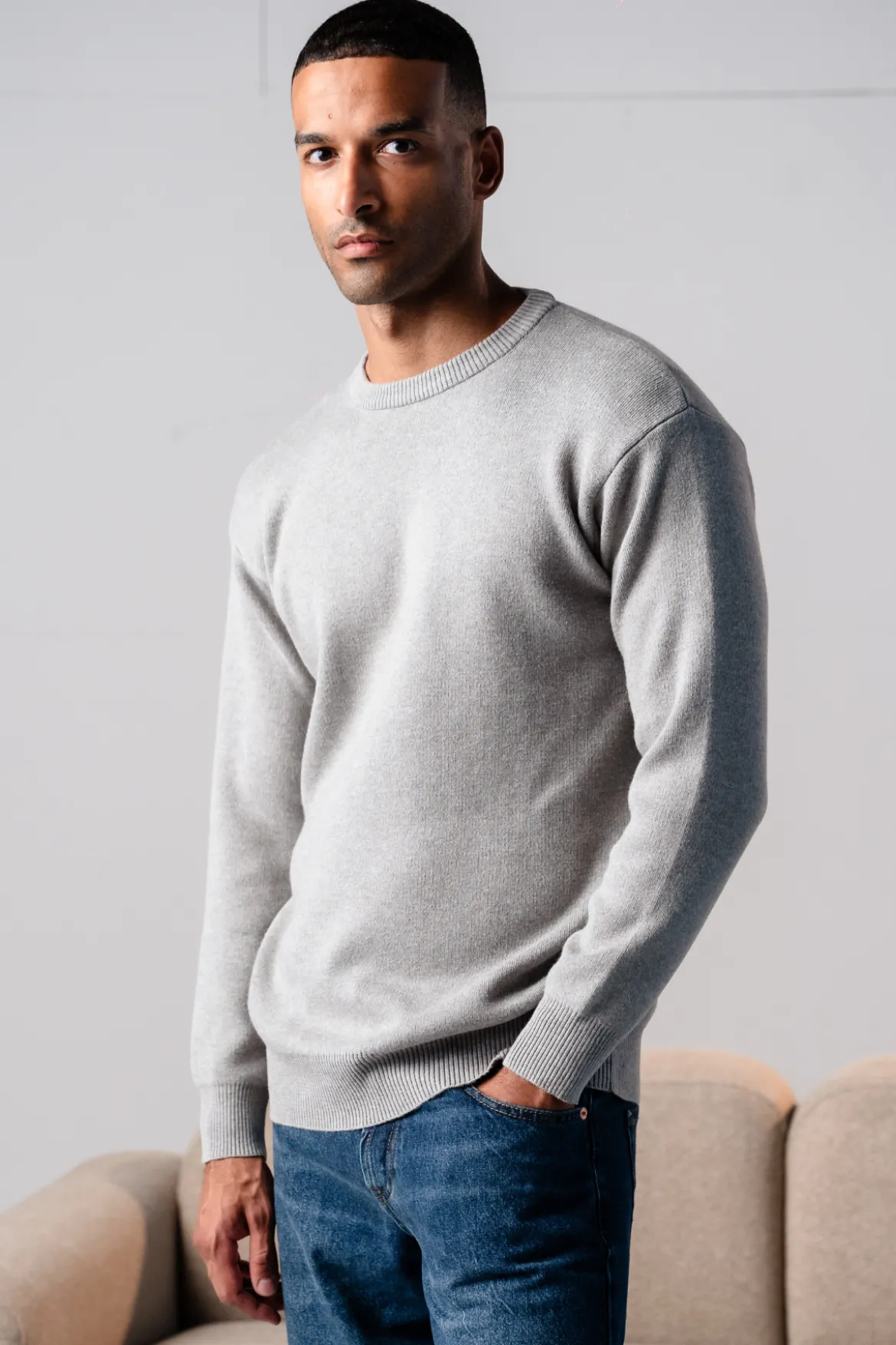 Crewneck Knit Sweater - Lysegrå