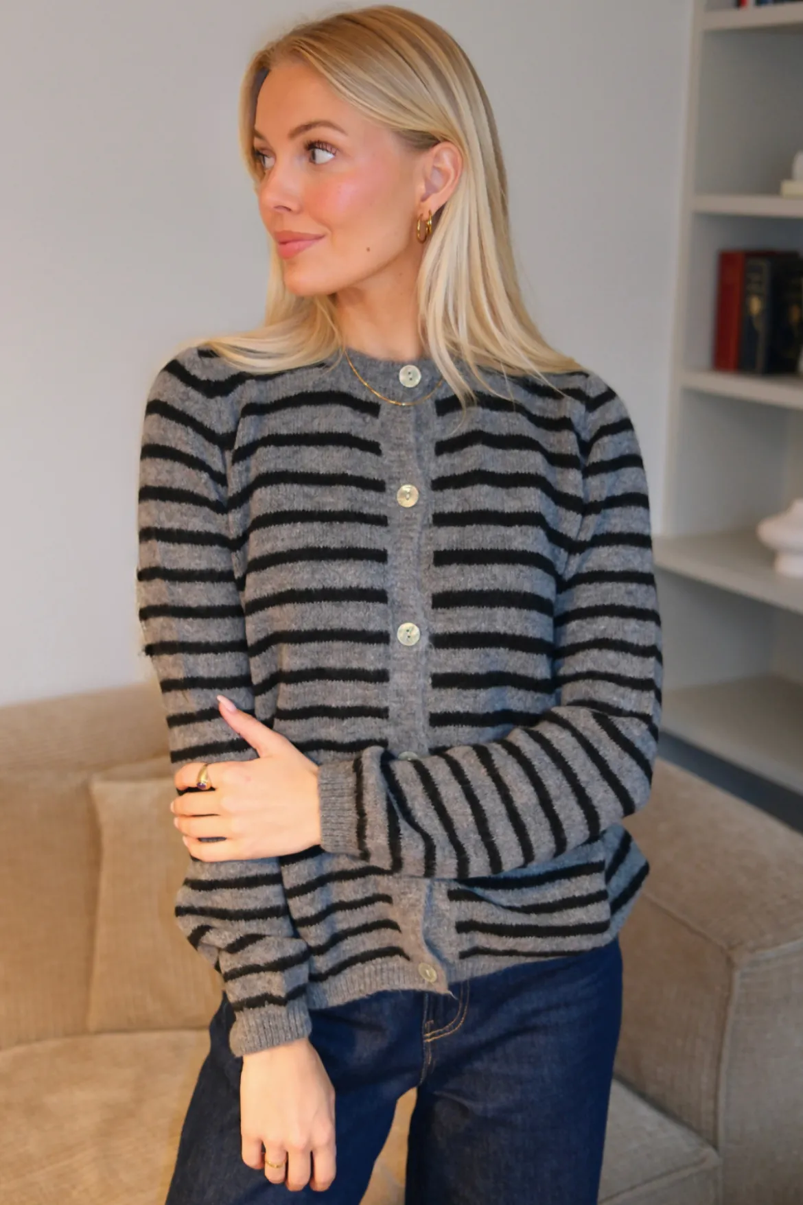 Crizette Stribet Strik Cardigan - Grå/Sort