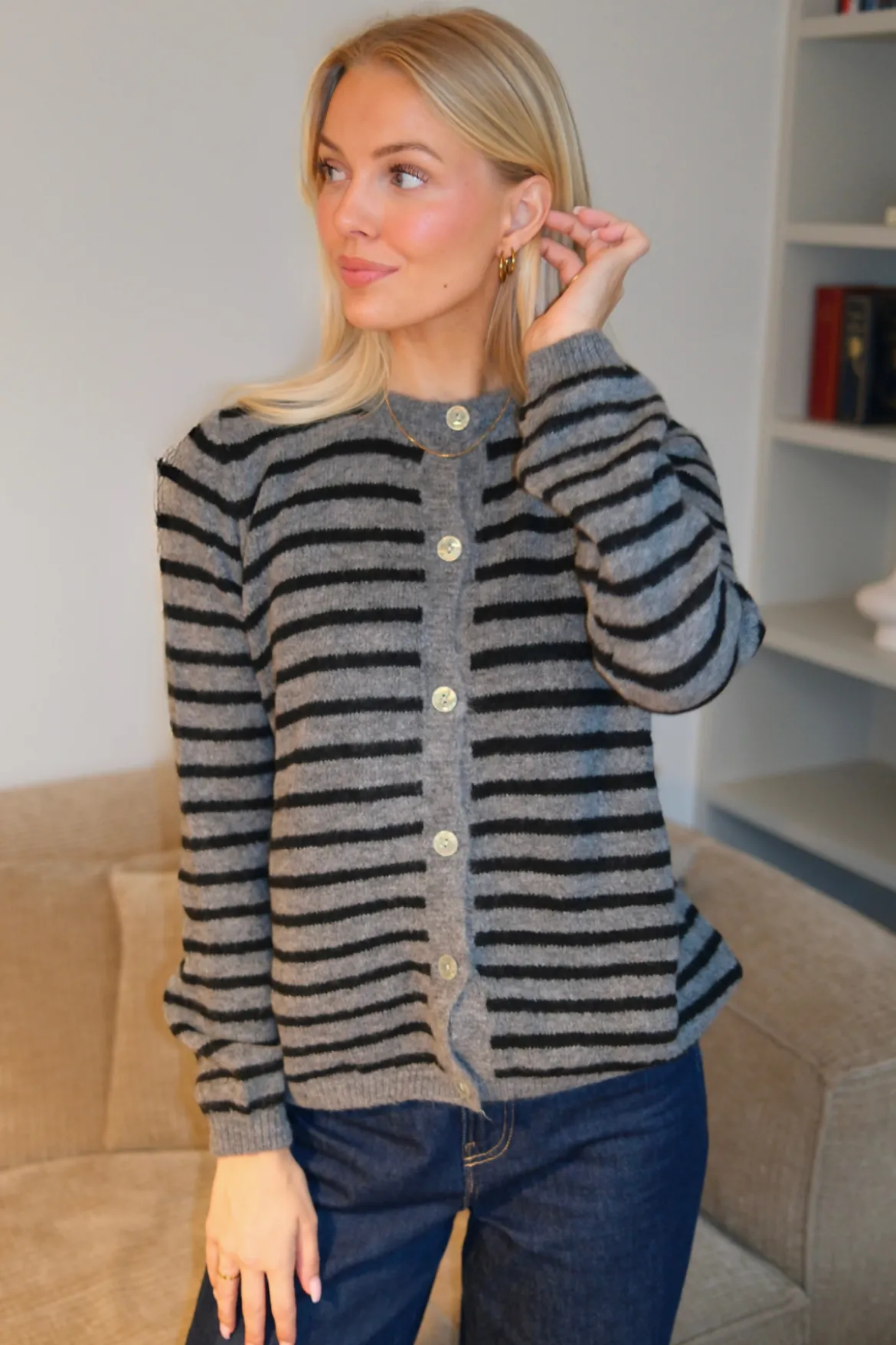 Crizette Stribet Strik Cardigan - Grå/Sort