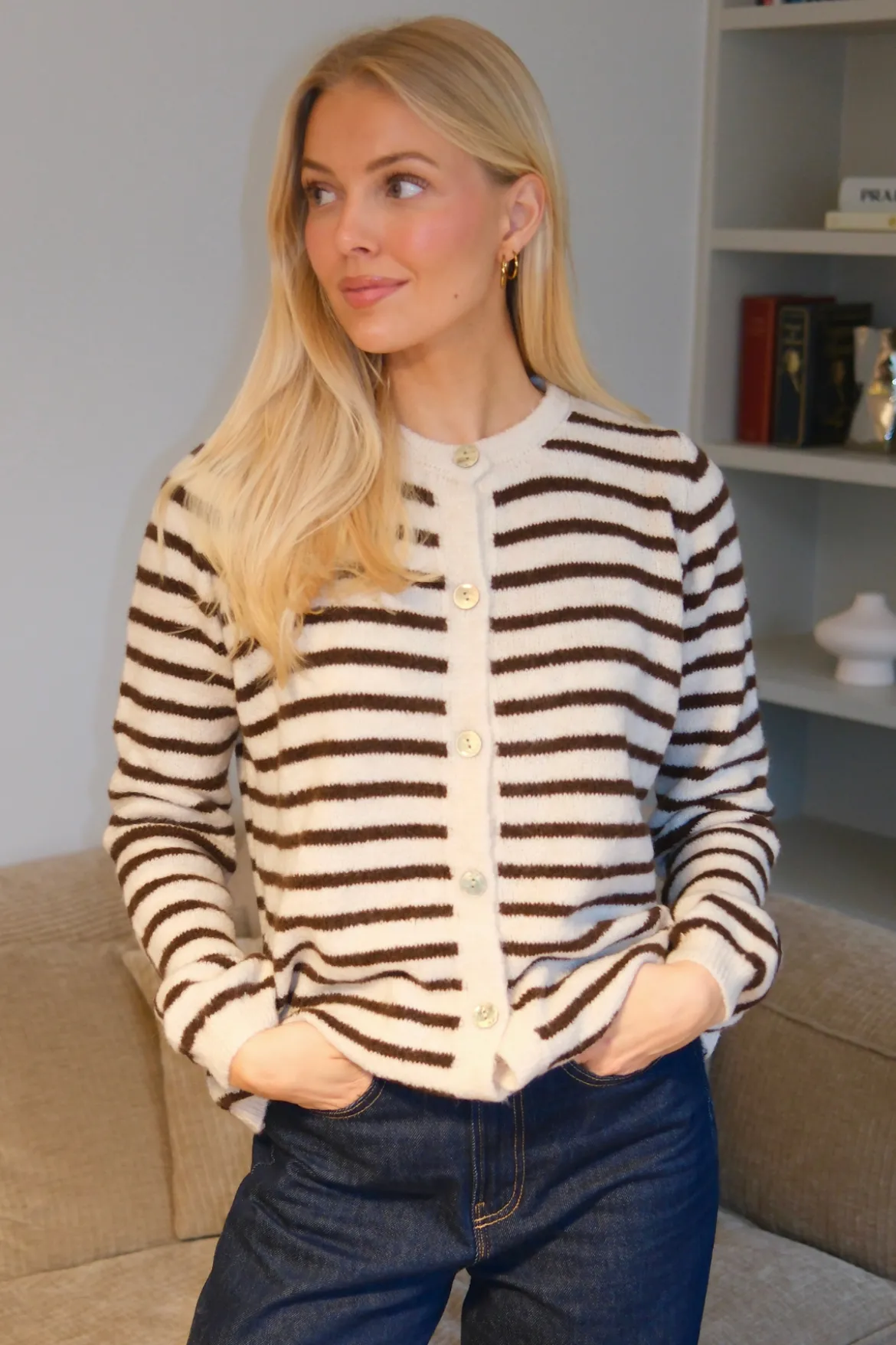 Crizette Stribet Strik Cardigan - Råhvid/Brun