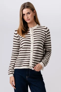 Crizette Stribet Strik Cardigan - Råhvid/Brun