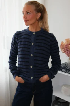 Crizette Stribet Strik Cardigan - Blå/Dyb Blå