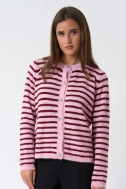 Crizette Stribet Strik Cardigan - Lyserød/Bordeaux