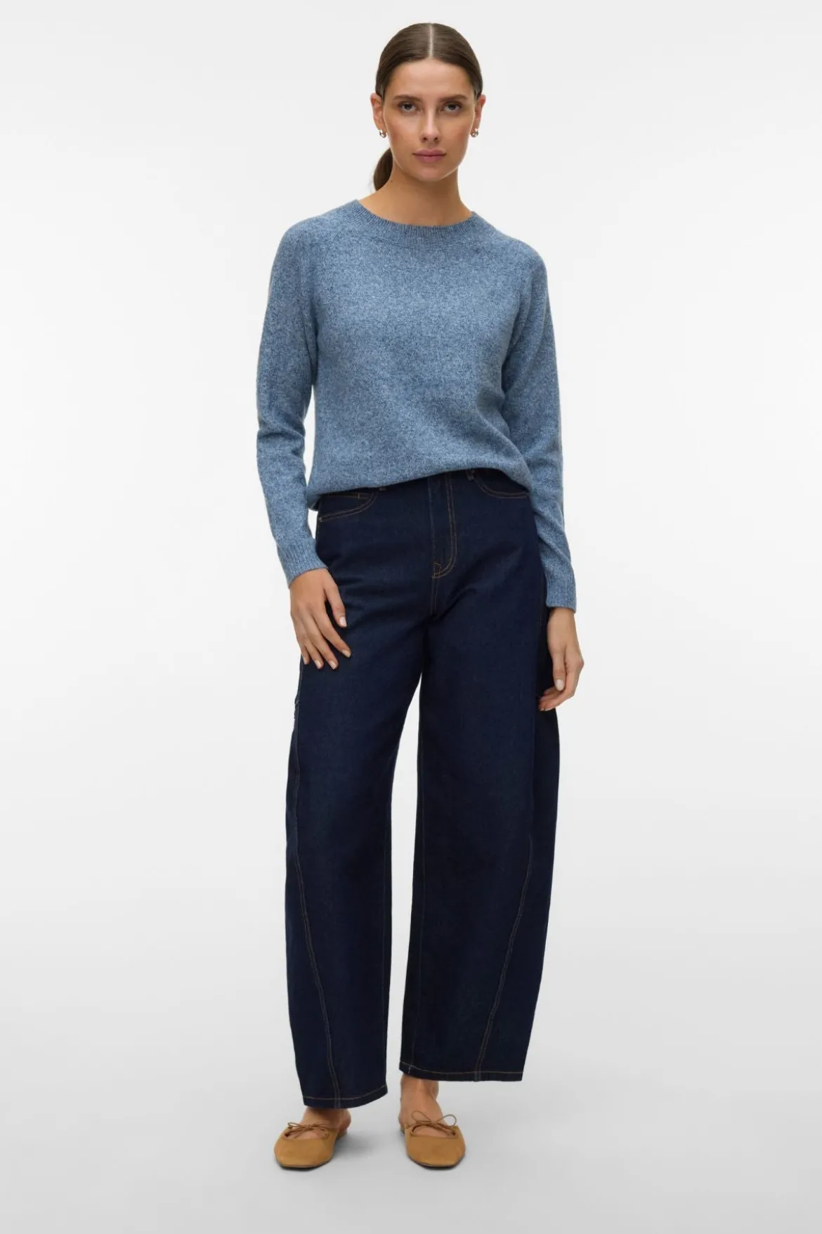 Doffy O-Neck Bluse - Mørk Denim m. Hvid Melange
