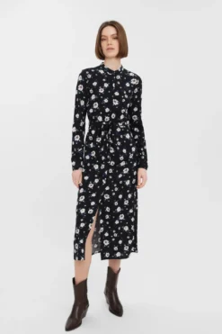 Easy Long Sleeve Shirt Dress - Sort