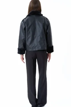 Faux Leather Shearling Jacket - Sort