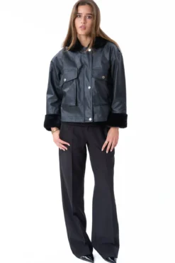 Faux Leather Shearling Jacket - Sort
