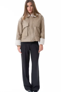 Faux Leather Shearling Jacket - Beige