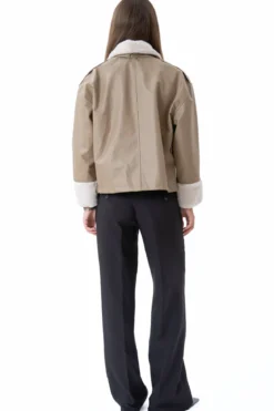 Faux Leather Shearling Jacket - Beige