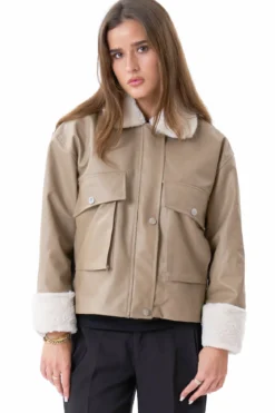 Faux Leather Shearling Jacket - Beige