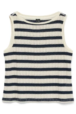 Freja Kortærmet Top - Birch Stripes - Navy Blazer