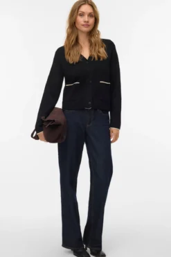 Guld V-hals Kontrast Cardigan - Sort m. Birch