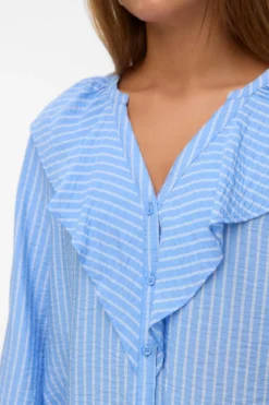 Kaja V-Neck Frill Skjorte - Vista Blue Sandra