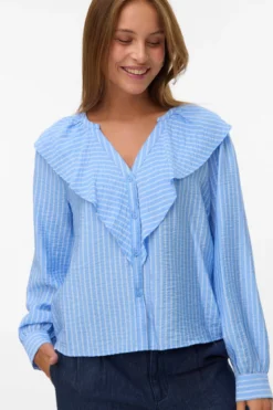 Kaja V-Neck Frill Skjorte - Vista Blue Sandra