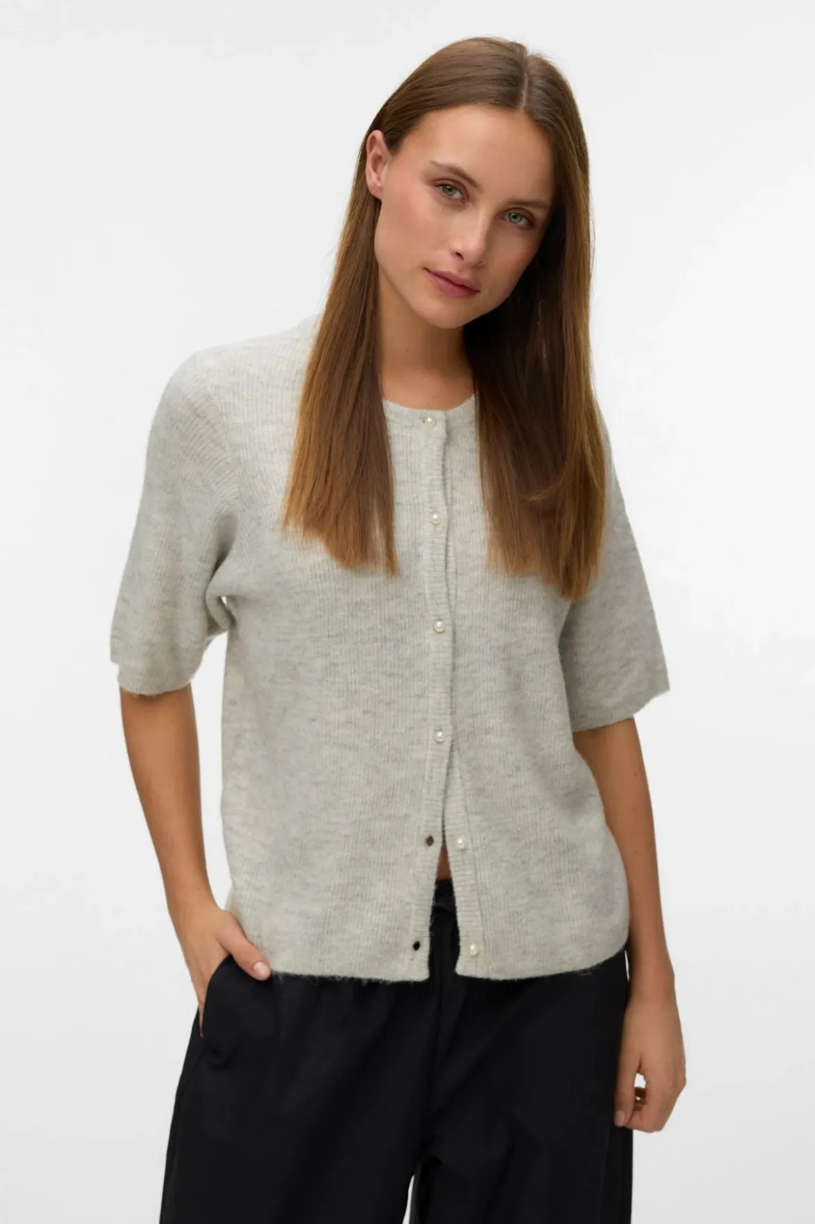 Lefile 2/4 O-Neck Pearl Cardigan - Light Grey Melange