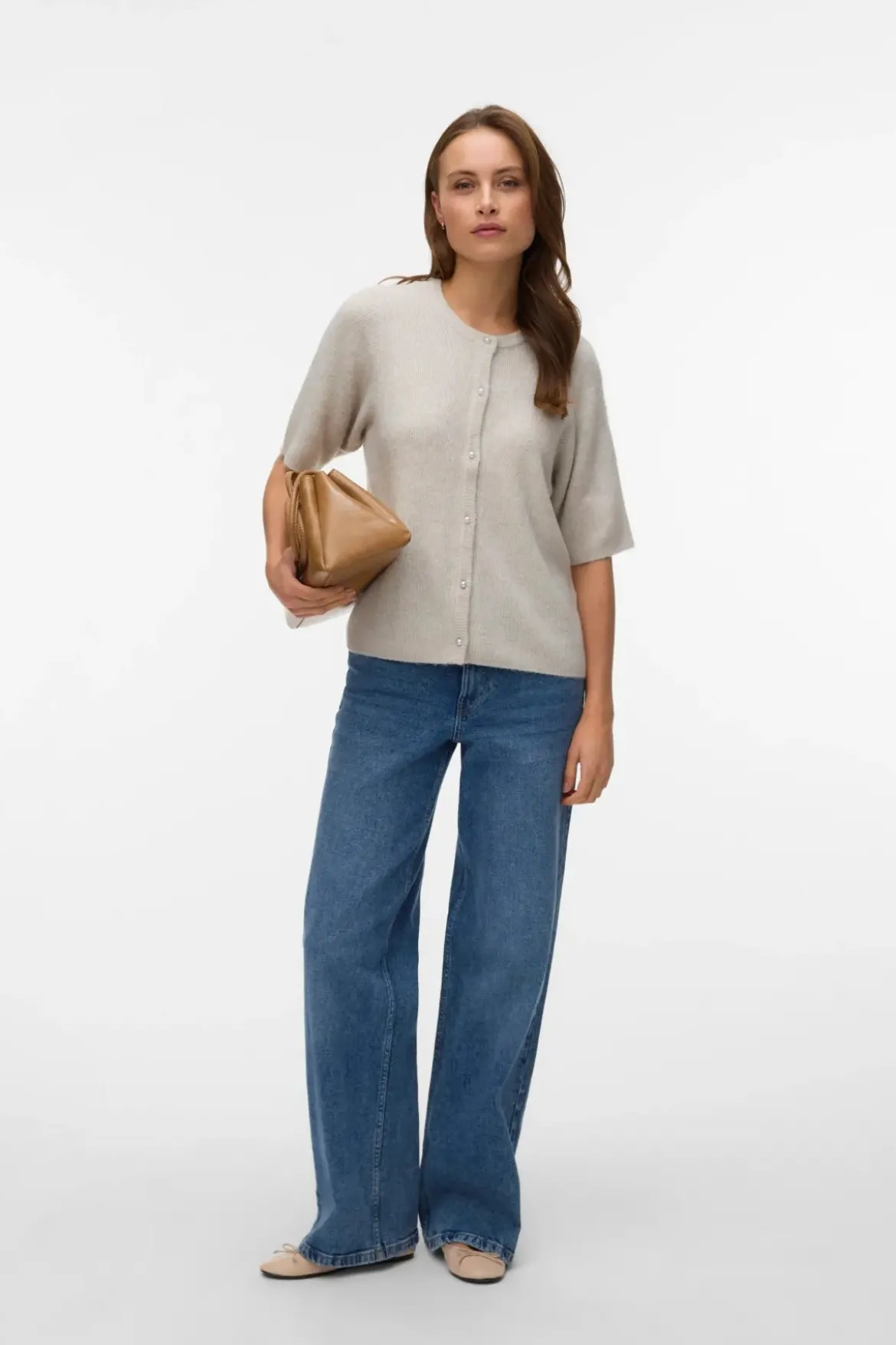 Lefile 2/4 O-Neck Perle Cardigan - Pumice Stone Melange