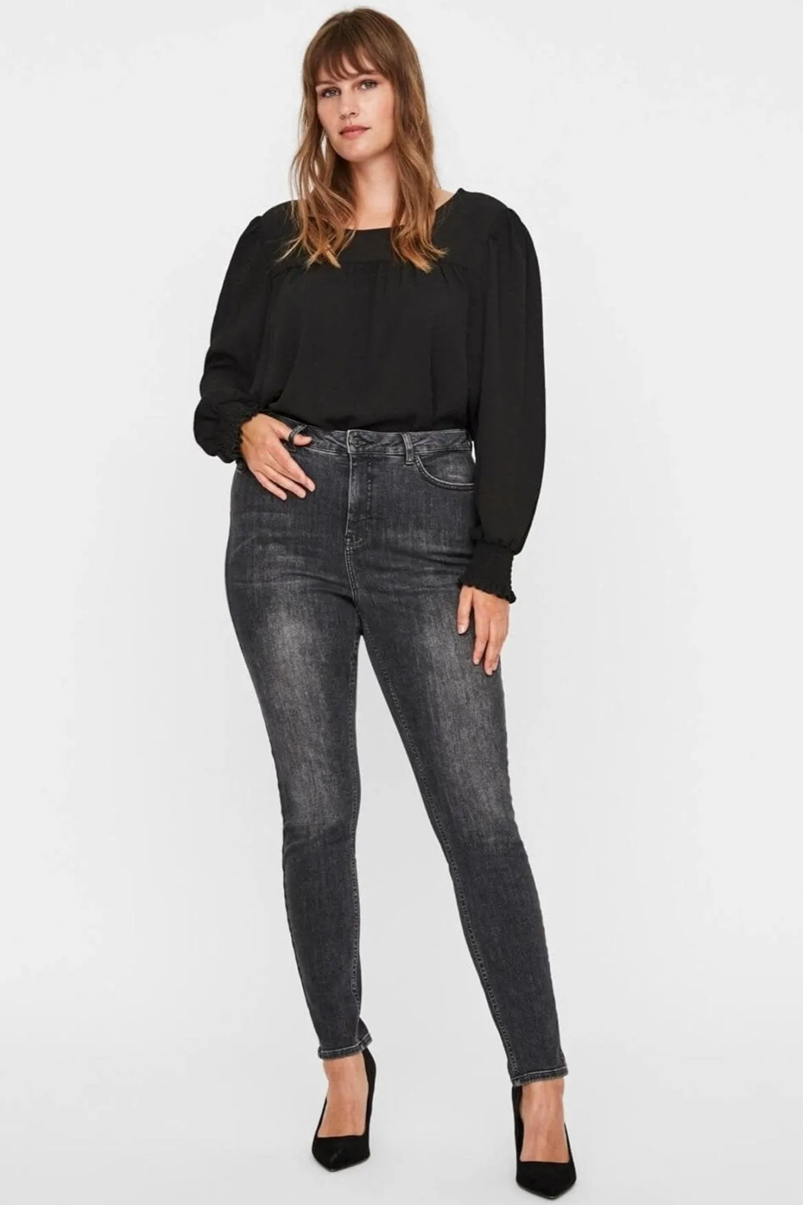 Lora Jeans high waisted (Curve) - Sort-grå denim