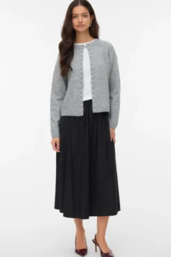 Magalene O-Neck Pearl Cardigan - Medium Grå Melange