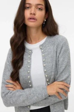 Magalene O-Neck Pearl Cardigan - Medium Grå Melange