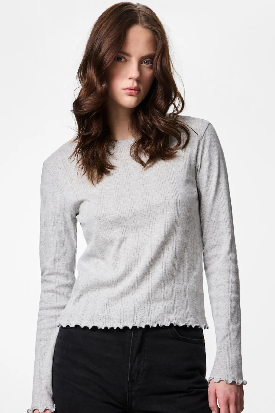 Marie O-Neck Top - Light Grey Melange