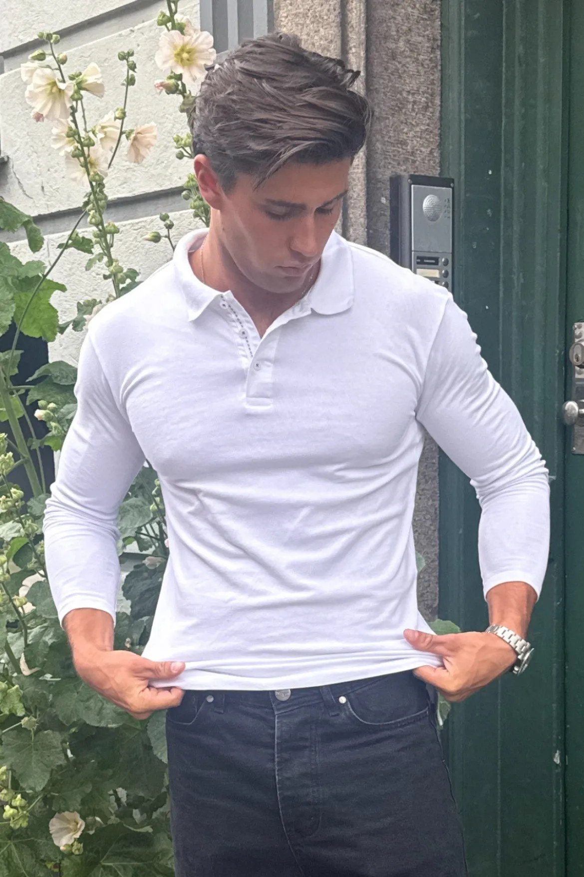 Muscle langærmet Polo Shirt - Hvid