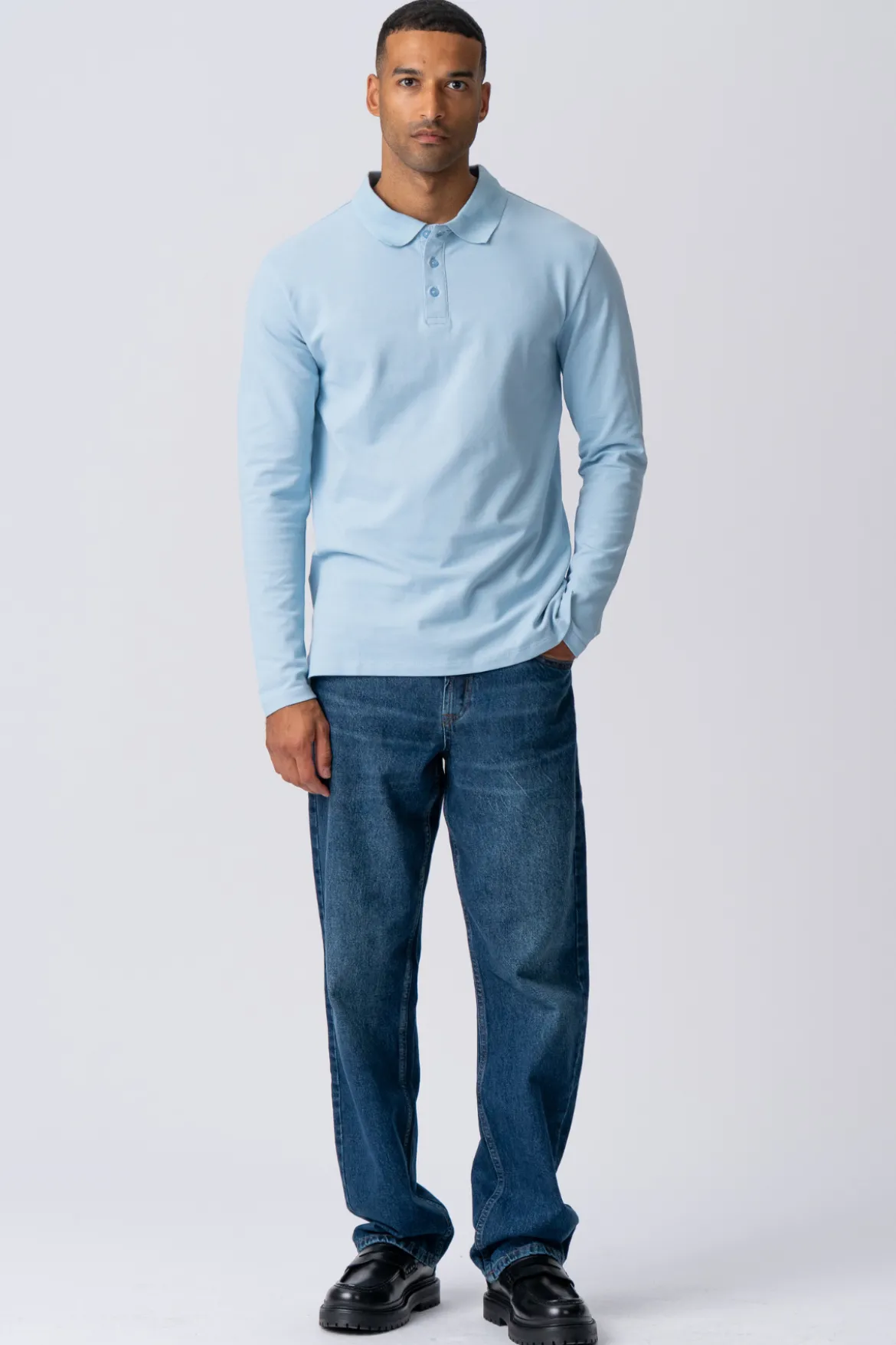 Muscle Langærmet Polo Shirt - Lyseblå