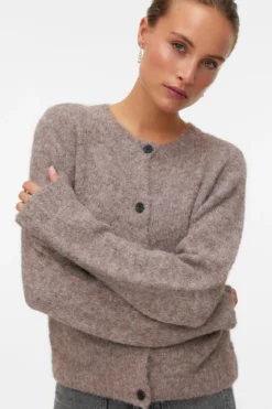 Novah O-Neck Button Cardi - Brown Lentil Melange