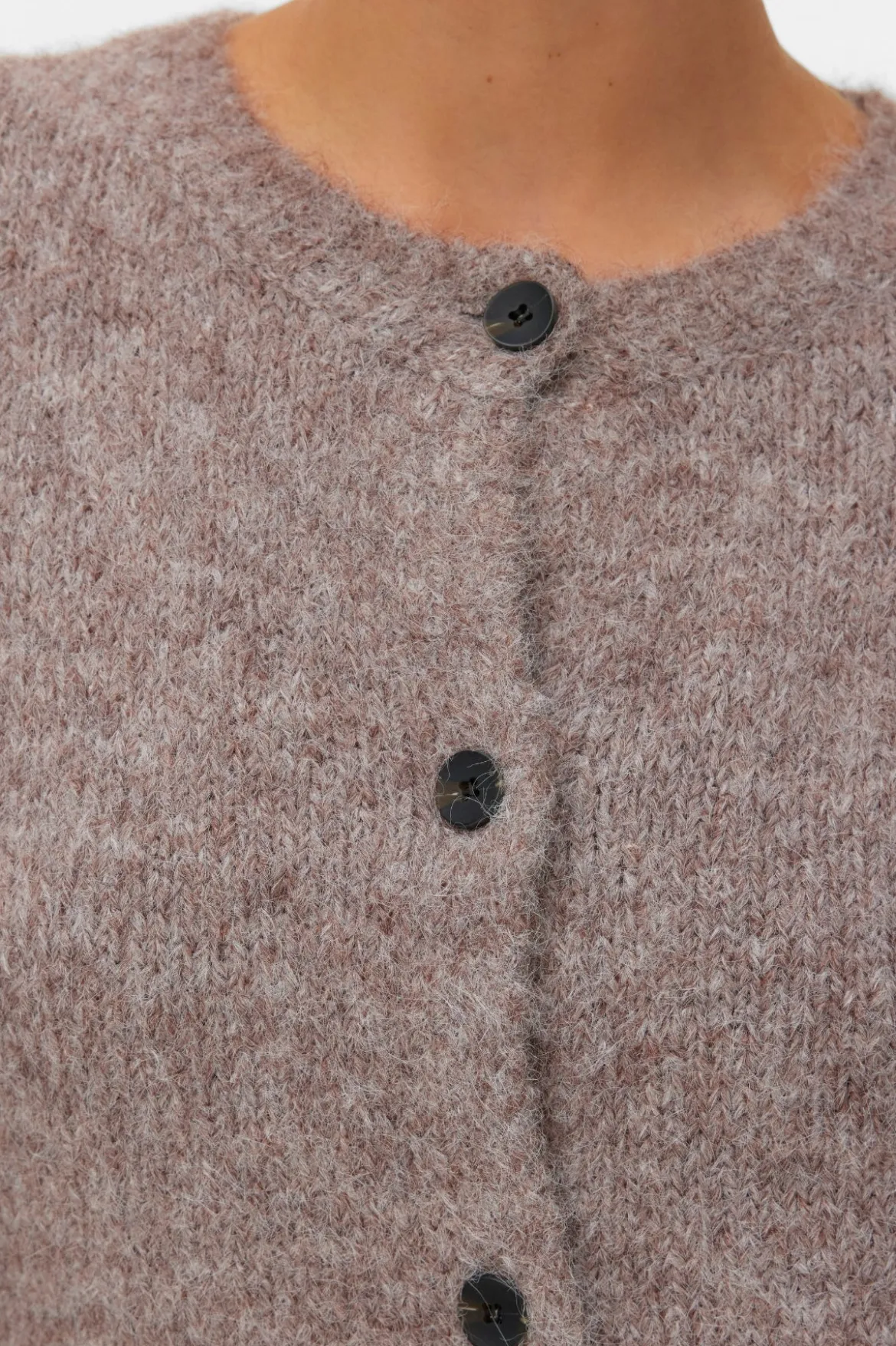 Novah O-Neck Button Cardi - Brown Lentil Melange