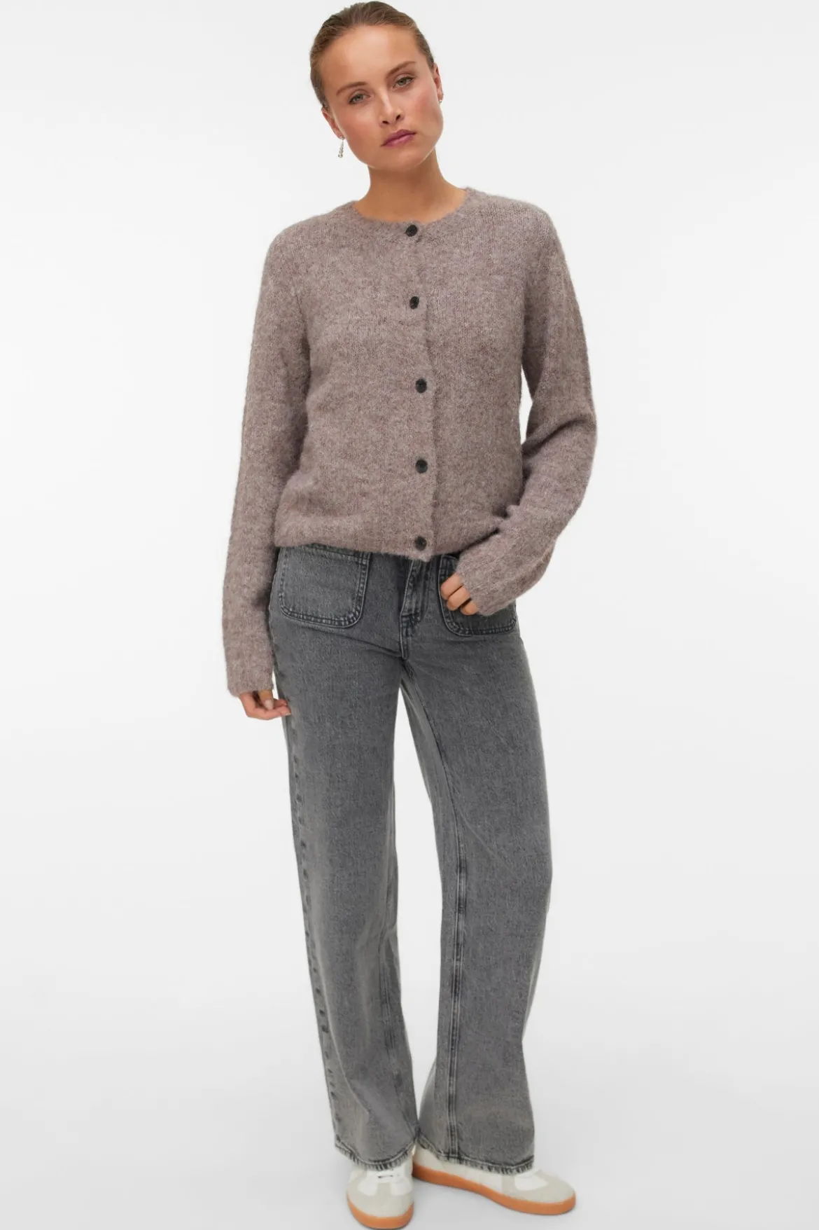 Novah O-Neck Button Cardi - Brown Lentil Melange