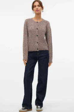Novah O-Neck Button Cardi - Brown Lentil Melange