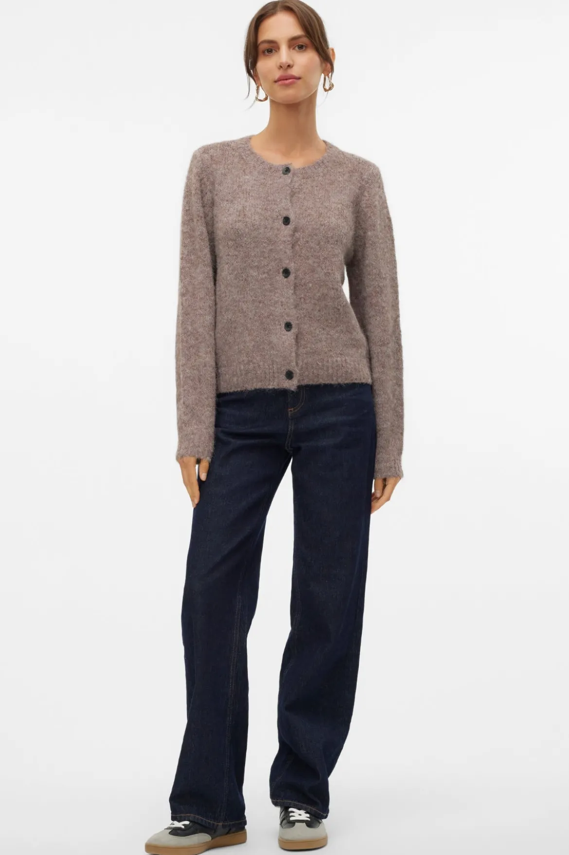 Novah O-Neck Button Cardi - Brown Lentil Melange