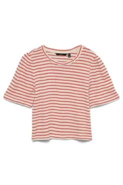 Ohia 2/4 O-Neck Top - Birch Stripes - Poinsettia