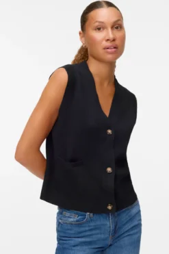 Saba V-Hals Knap Vest - Sort