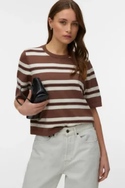 Silje 2/4 O-Neck Oversize Stribet Trøje - Birch And Chocolate Torte