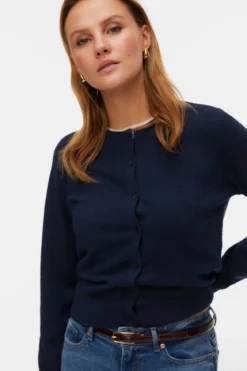 Skøn O-Neck Cardigan - Navy Blazer m. Birch