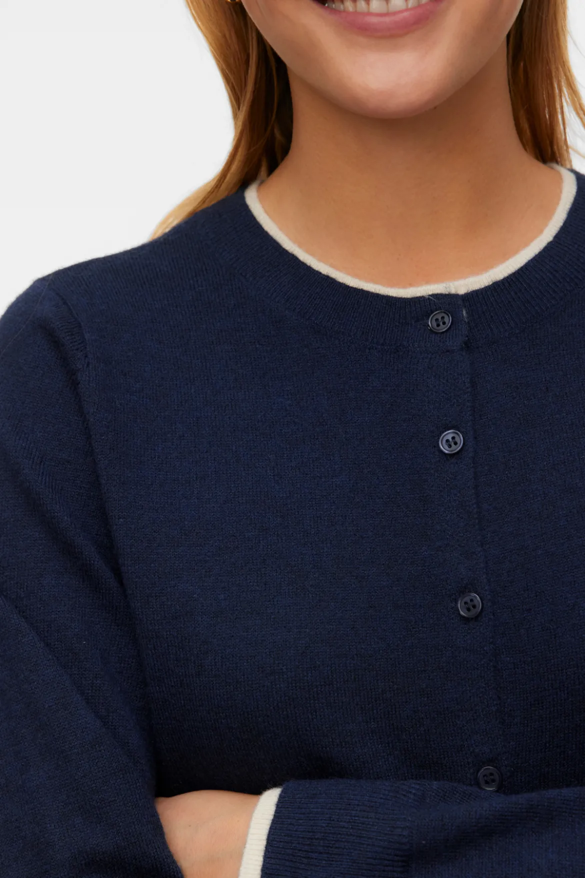 Skøn O-Neck Cardigan - Navy Blazer m. Birch