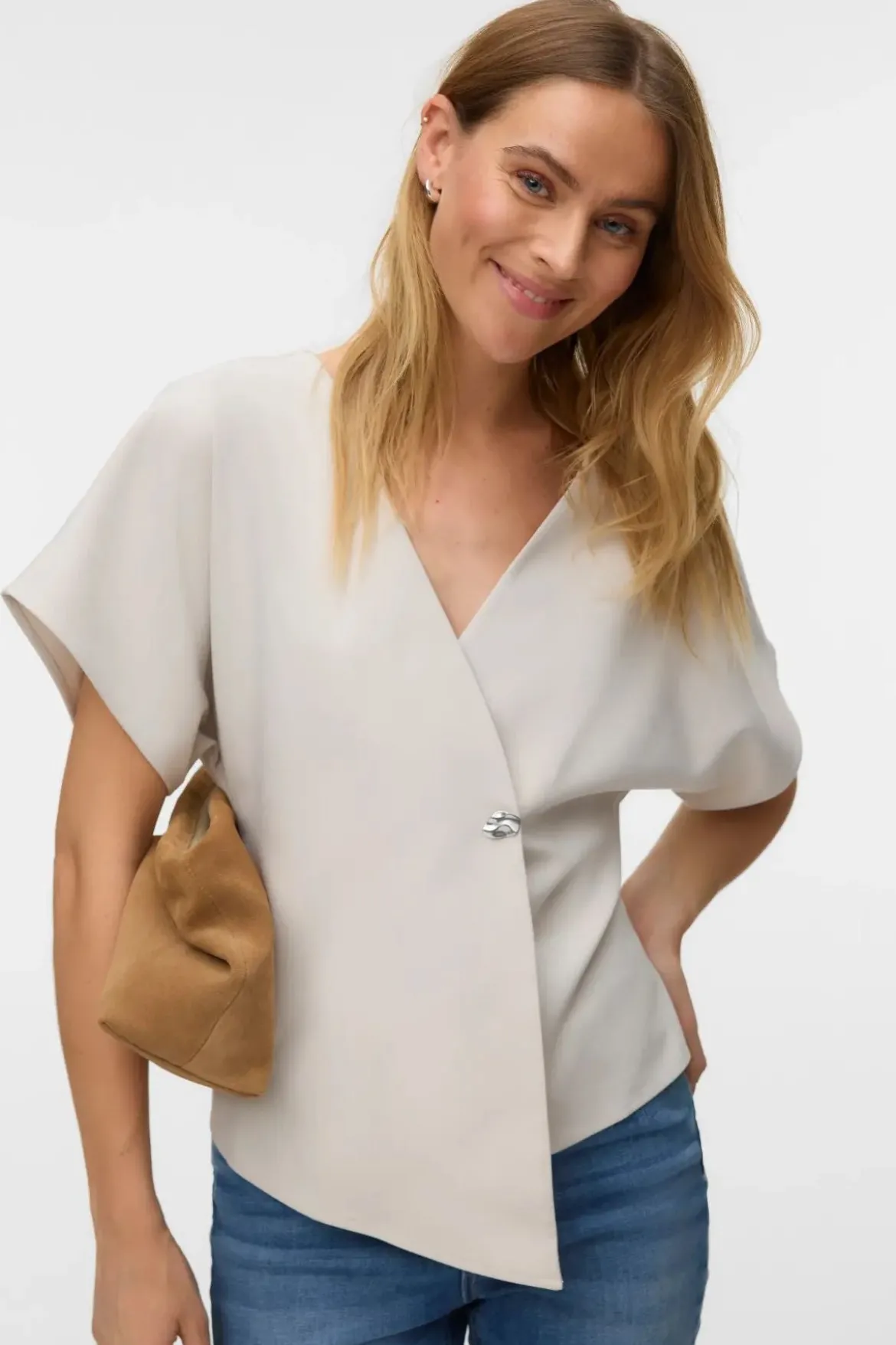 Sonja V-Neck Top - Beige/Sølv-knap
