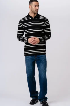 Stribet Langærmet Polo - Sort