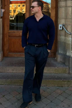 Strikkede Langærmede Polo - Navy