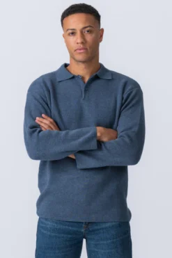 Strikket Langærmet Polo - Ocean Blue