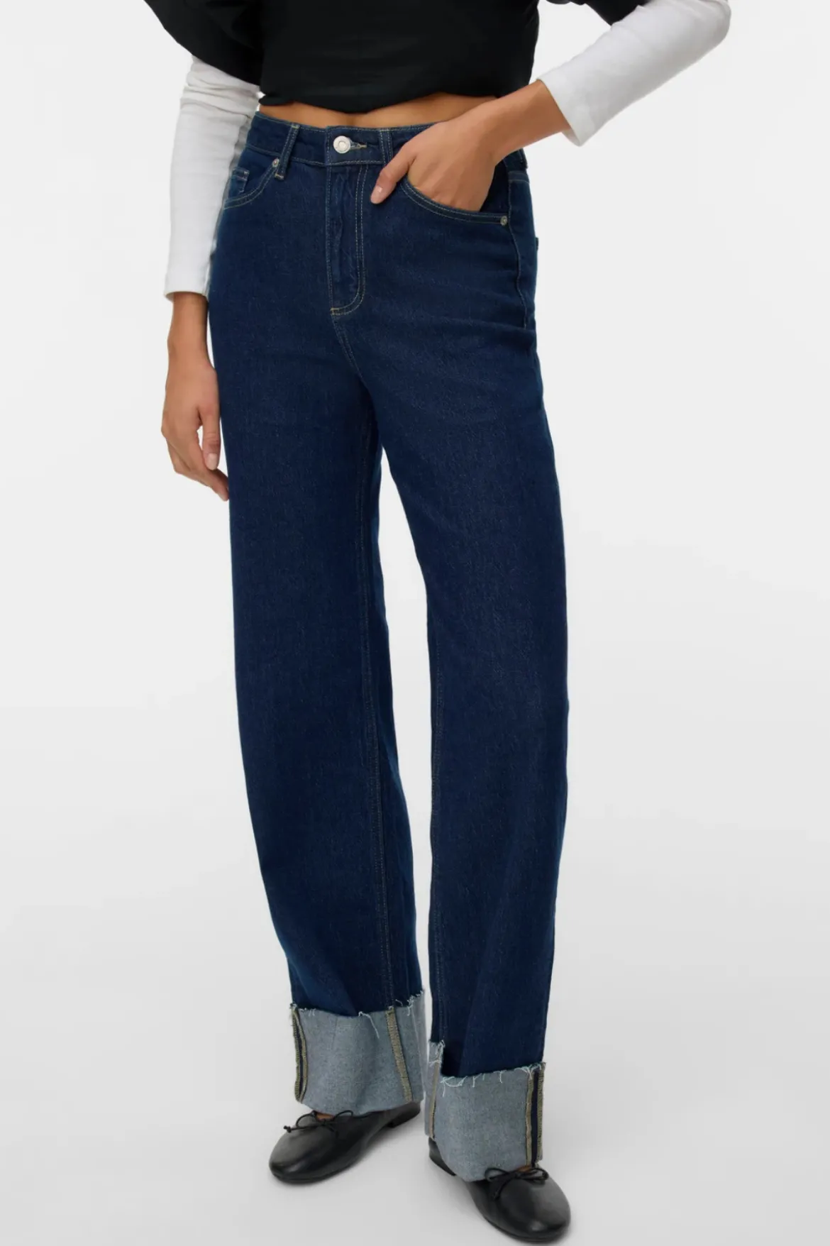 Tessa Fold Up Wide Denim Jeans - Mørk Blå Denim