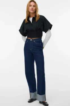 Tessa Fold Up Wide Denim Jeans - Mørk Blå Denim