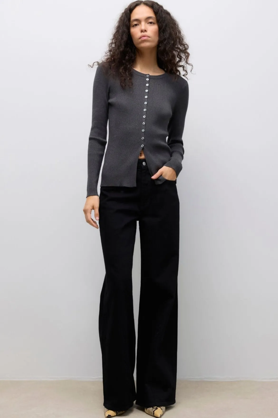 Ukino O-Neck Strik Cardigan - Mørkegrå Melange