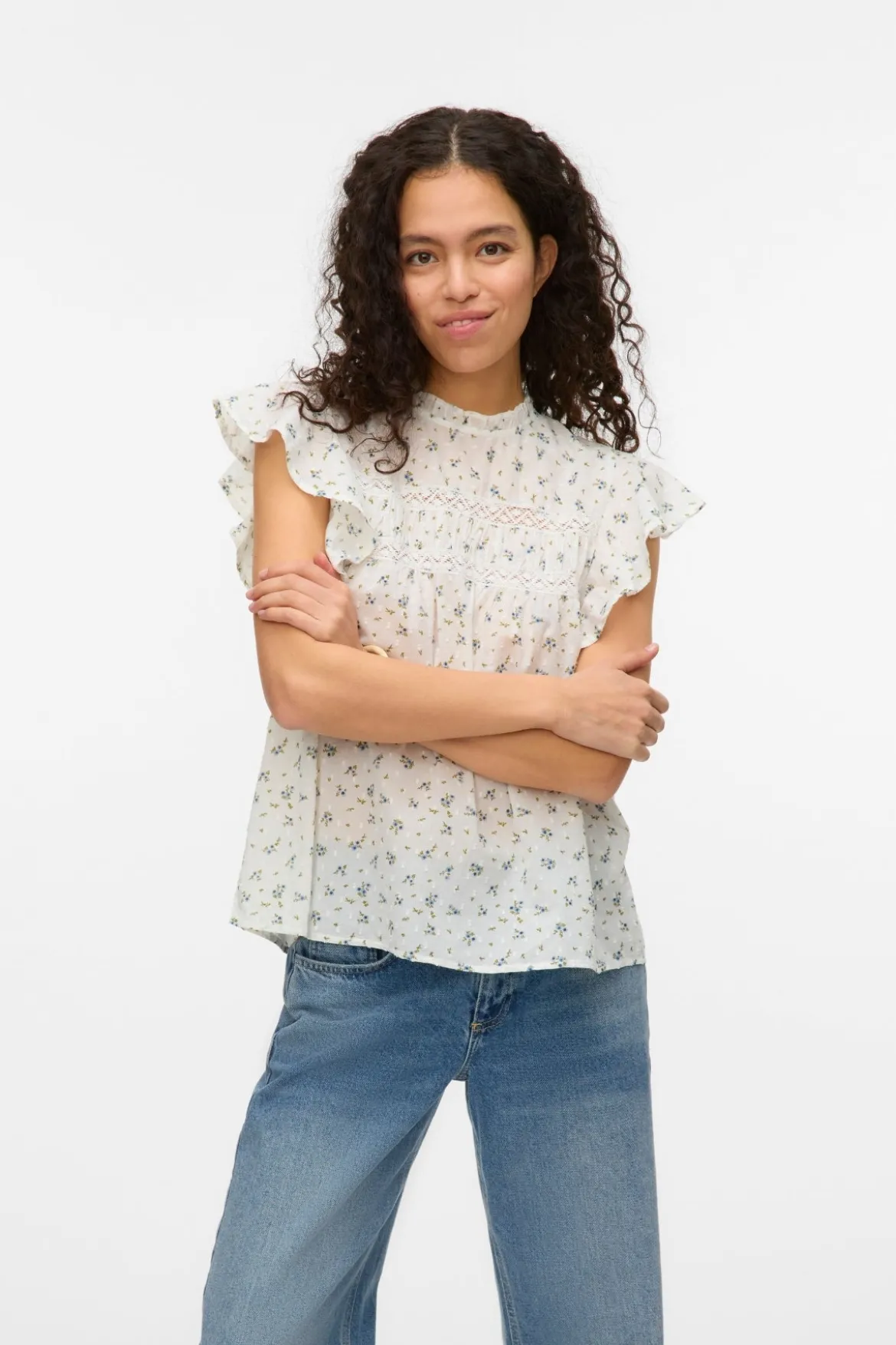 Vero Moda Trine Lace Top - Snow White Maguerite Blue Jasper