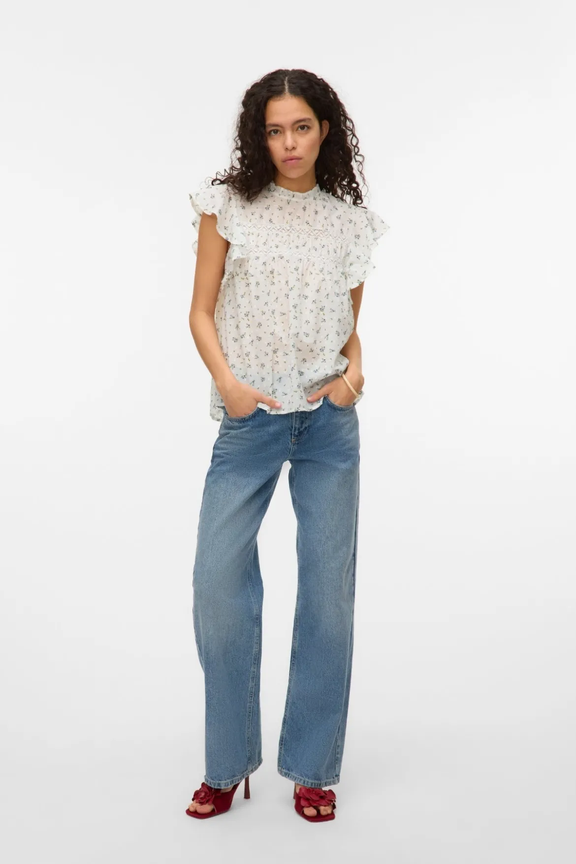 Vero Moda Trine Lace Top - Snow White Maguerite Blue Jasper